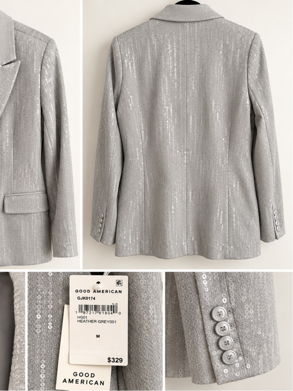 Good American Heather Grey Sequin Blazer NWT